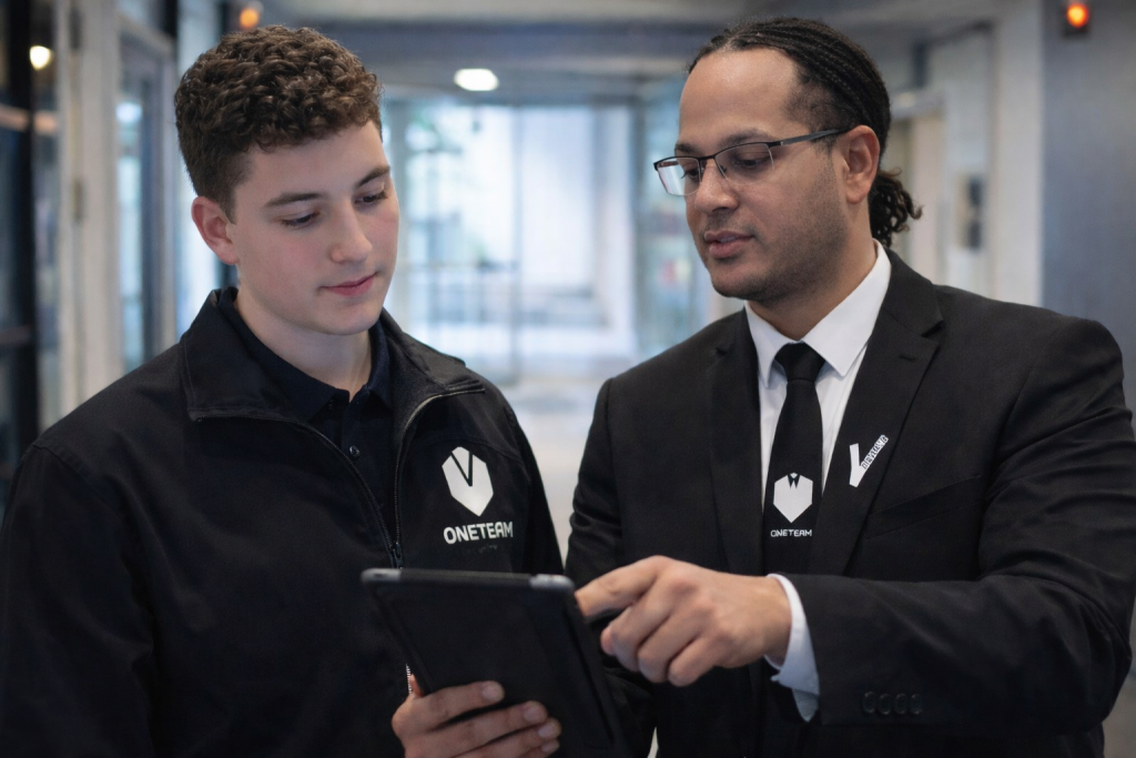 Beveiliger geeft route aan in een kantoor pand