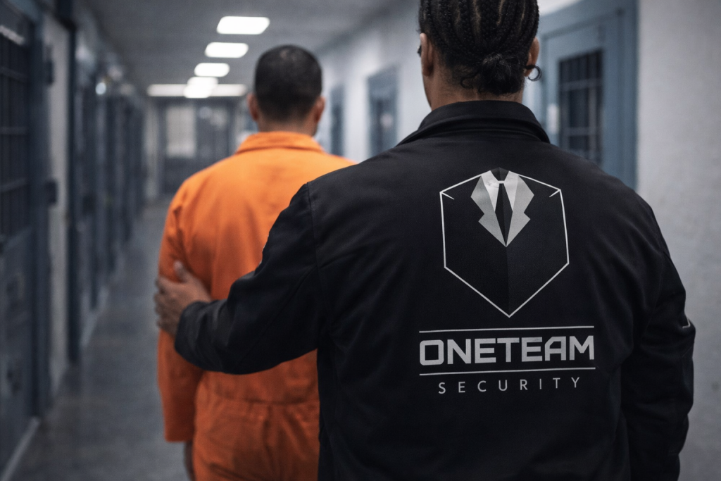 Gevangenen word begeleid door complex beveiliger